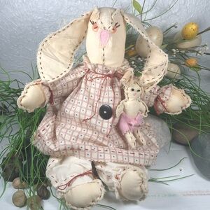 Bunny Rabbit Doll w/ Baby Farmhouse Handmade Distressed Rustic Rabbit Doll